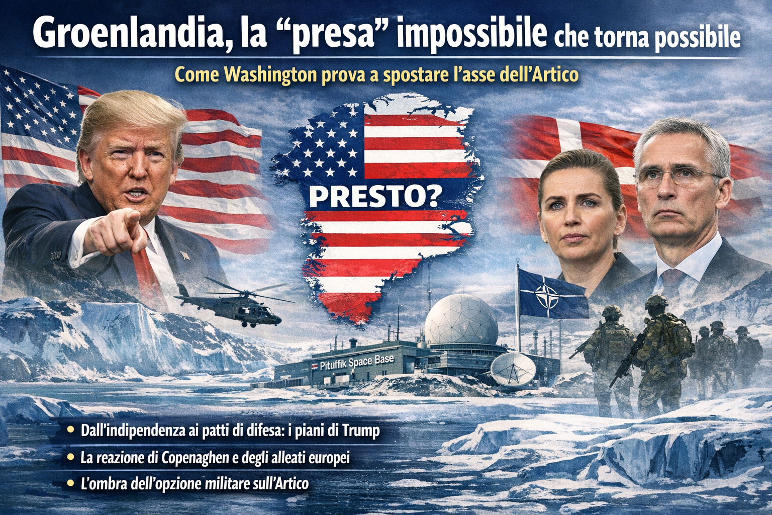 Illustrazione dell’Artico con mappa della Groenlandia e simboli USA, Danimarca e NATO, a rappresentare le tensioni geopolitiche sull’isola.