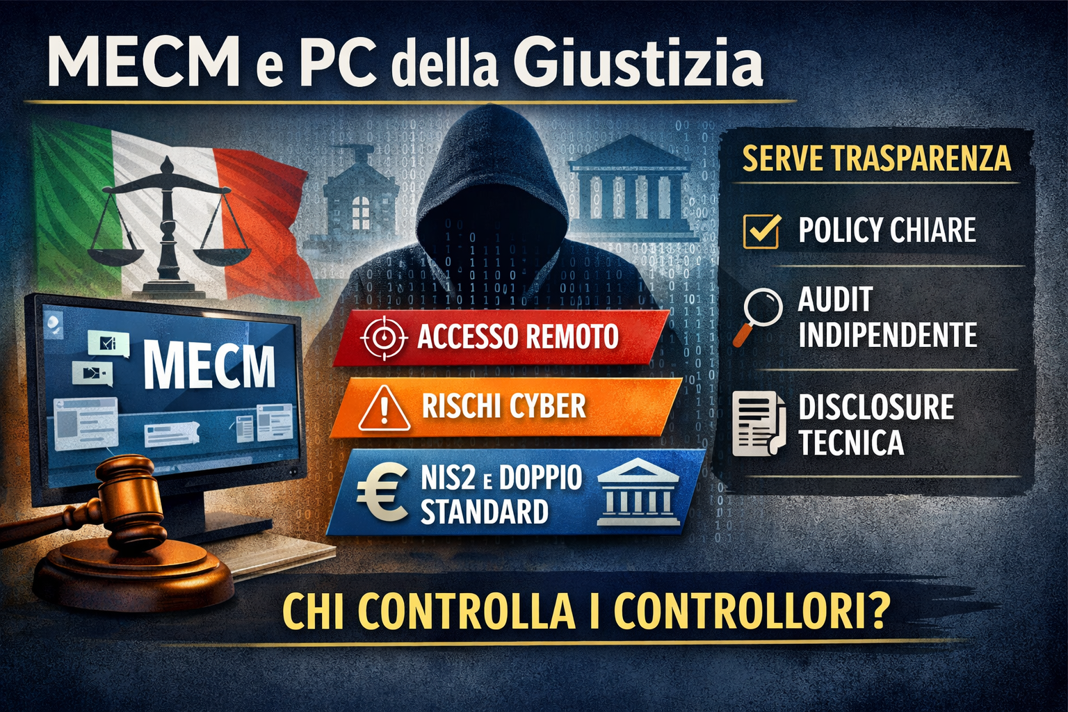 Infografica su MECM nei PC della Giustizia: accesso remoto, rischi cyber, NIS2 e richiesta di audit indipendente