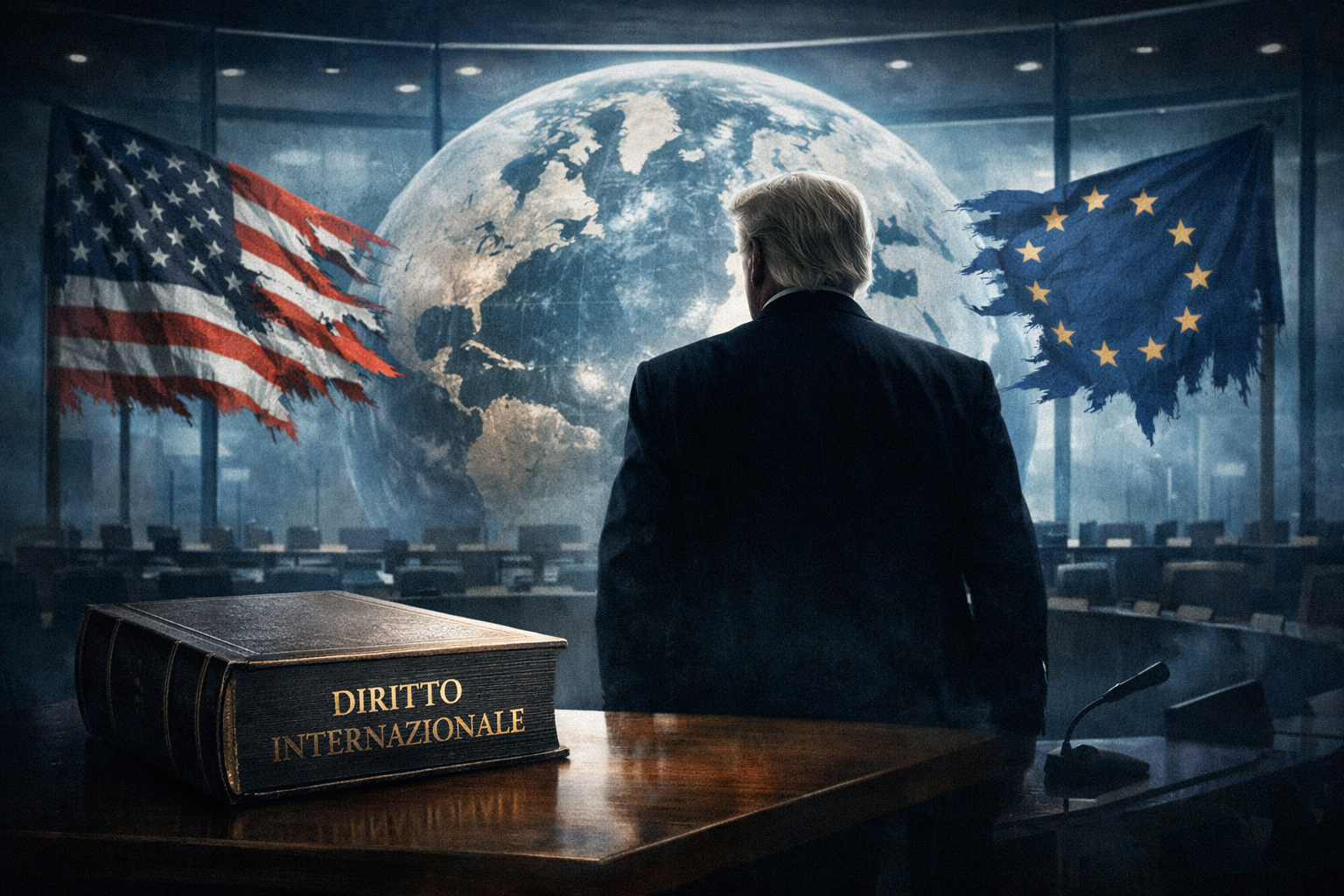Illustrazione concettuale di Donald Trump che volta le spalle a un libro di diritto internazionale davanti a un globo con bandiere USA ed europee