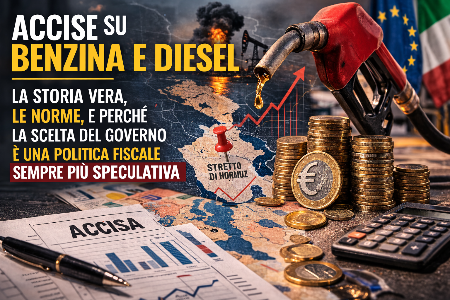 Grafica editoriale su accise di benzina e diesel, caro energia, guerra in Medio Oriente e politica fiscale del governo