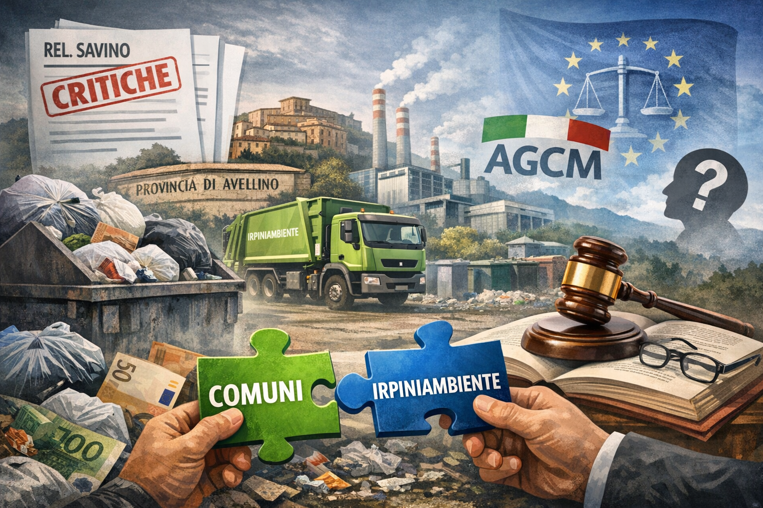 Irpiniambiente ad Avellino: immagine editoriale sulla cessione delle quote ai Comuni, gestione in house, profili di legittimità e rilievi giuridico-contabili.