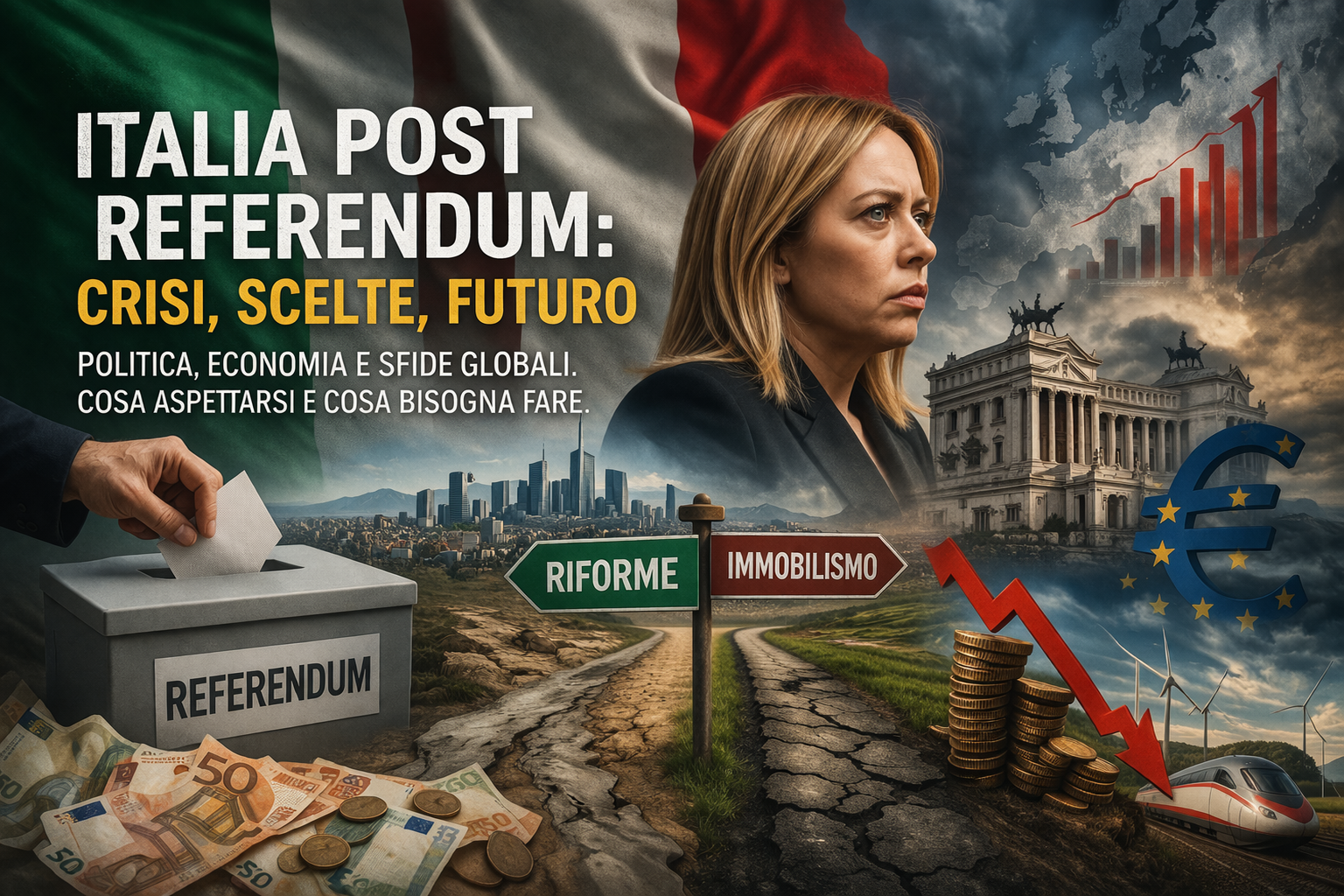 Italia post referendum 2026: crisi politica ed economica con grafico in calo, governo e futuro incerto.
